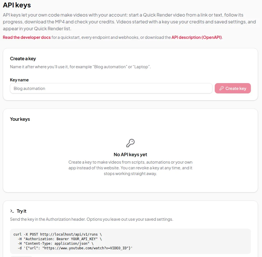 The API keys section of the Vidonto Account page, with a form to create a named key and a list of keys with their creation date