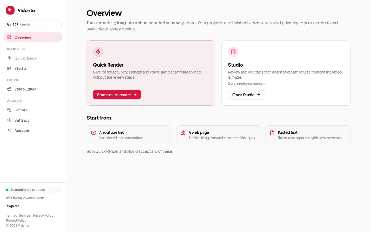 The Vidonto overview screen with Quick Render, Studio and the three source types: a YouTube link, a web page and pasted text