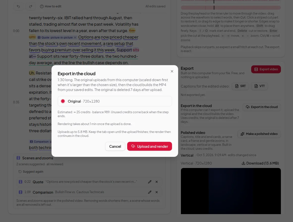 The Export in the cloud dialog with the edited length, the original size, a credit estimate, the expected render time and an Upload and render button
