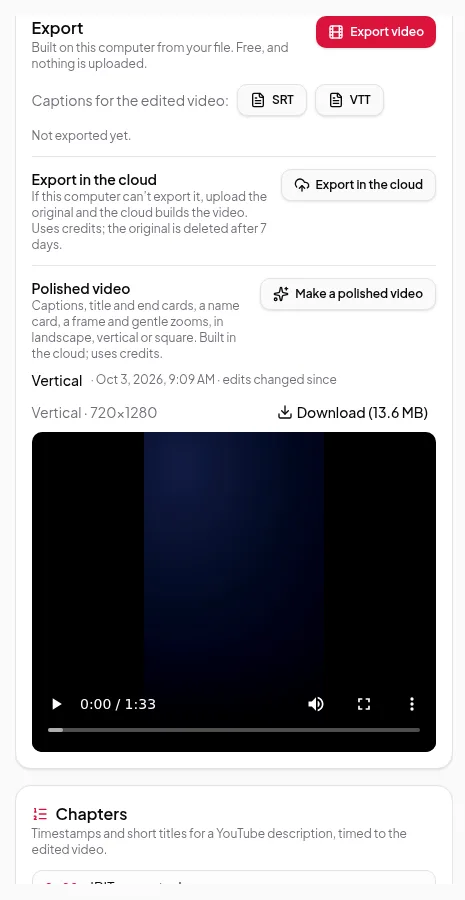 The Export panel of the Video Editor with Export video, SRT and VTT caption downloads, Export in the cloud and Make a polished video