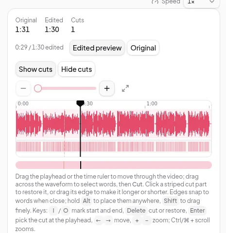 The waveform timeline with Original, Edited and Cuts counts, Edited preview and Original buttons, Show cuts and Hide cuts, and keyboard shortcut help