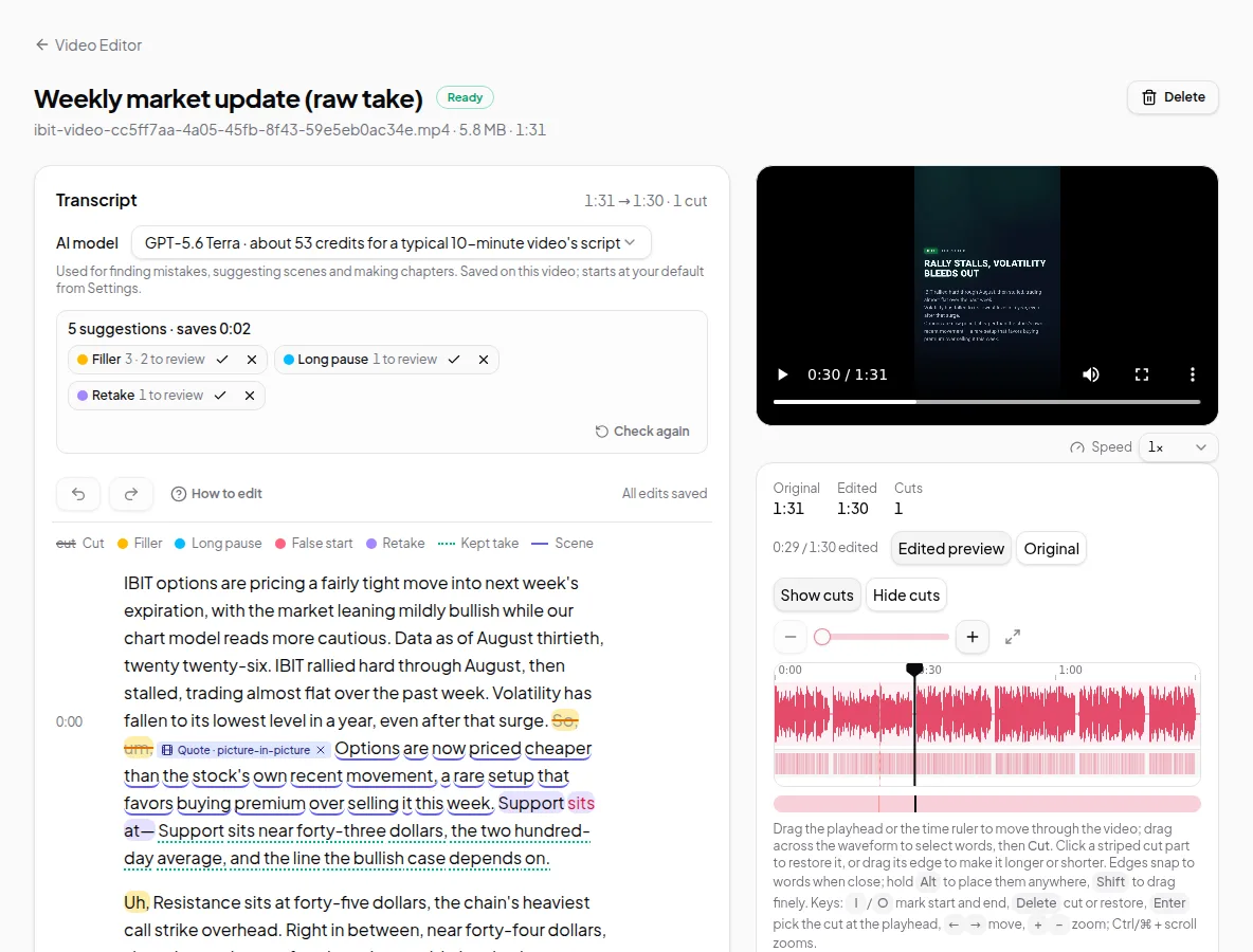 Screenshot for Edit a recording by deleting words in Vidonto