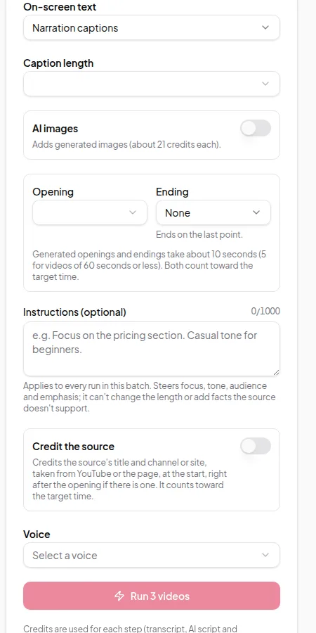The Quick Render settings: target length, caption language, video size, AI script model, on-screen text and caption length