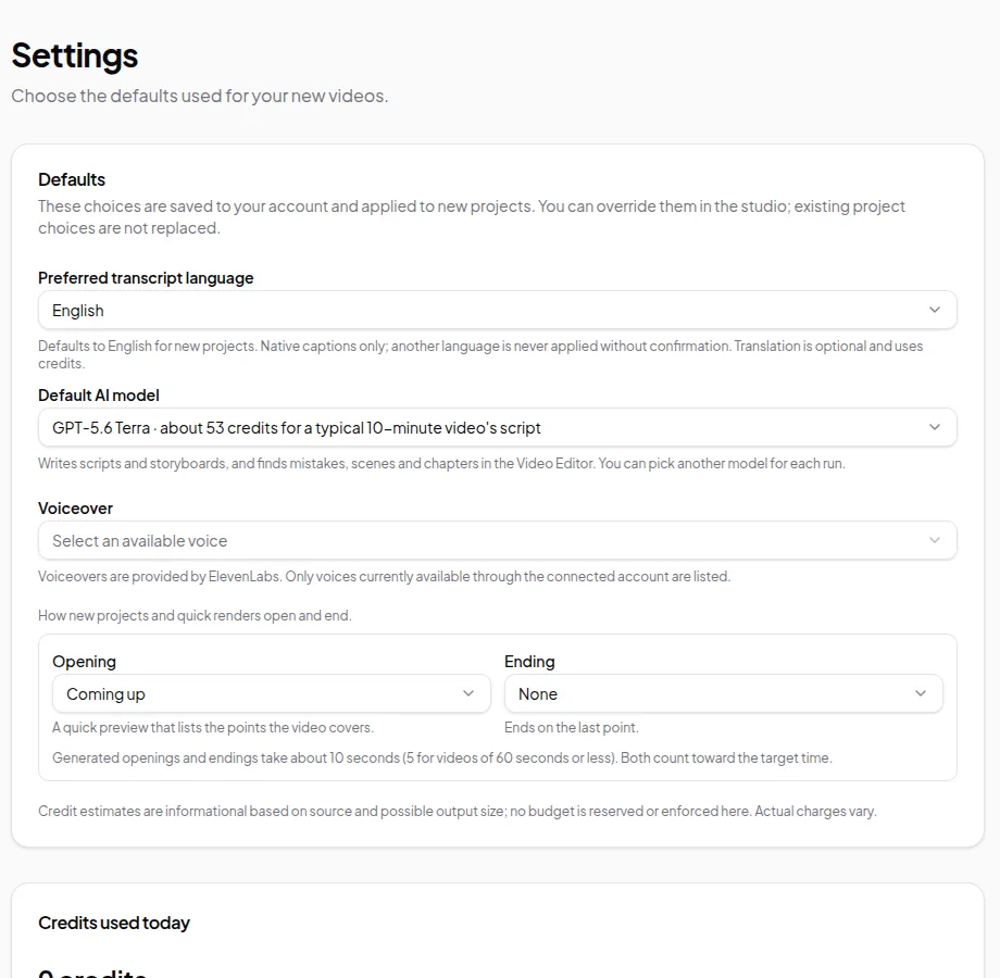 The Settings page with defaults for transcript language, AI model, voiceover, and the opening and ending used by new projects