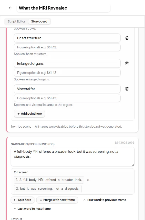 A list frame in the storyboard with points for heart structure, enlarged organs and visceral fat, each with an optional figure, and an Add point button