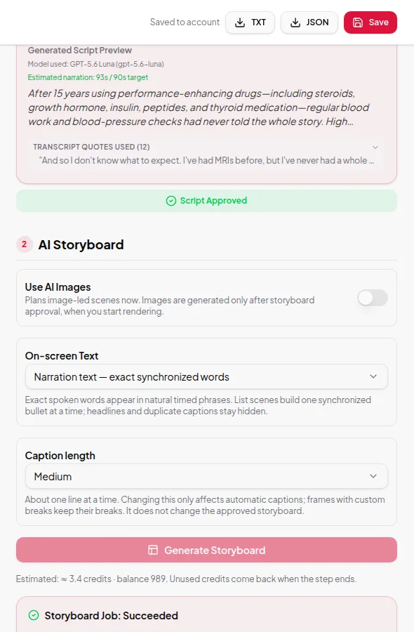 The generated script preview with the model, estimated duration and the transcript quotes used