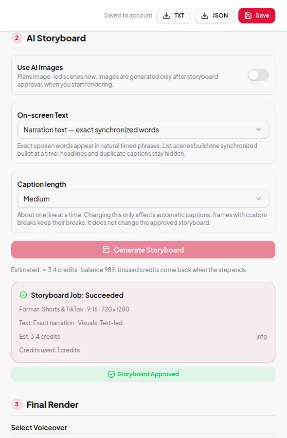 The AI Storyboard step with the Use AI Images switch, the On-screen Text menu set to narration text and the Caption length menu set to Medium